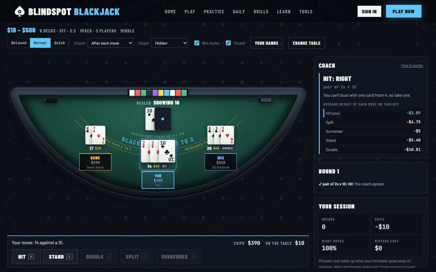 Blackjack table with the coach showing the average result of every move for a pair of twos against a 10