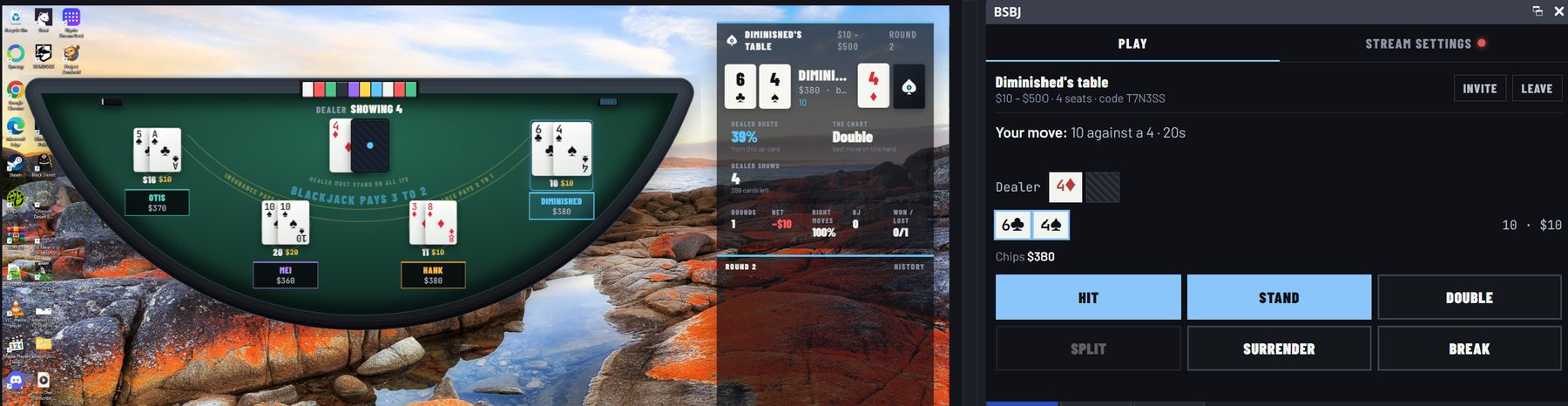 The blackjack overlay with a transparent background on top of a Windows desktop, next to the dock