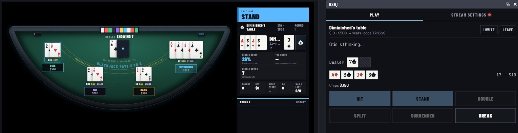 Blackjack overlay with the last move STAND and the dock