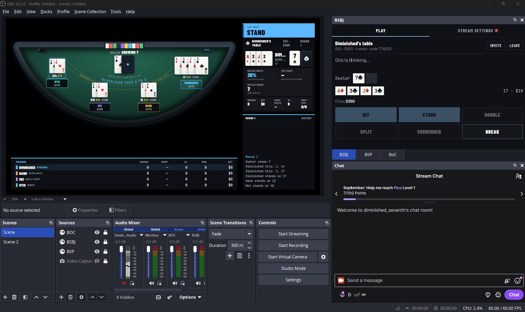 The full OBS window: the Blindspot Blackjack overlay in the preview, BSBJ browser source, the audio mixer, and the Blindspot Blackjack dock